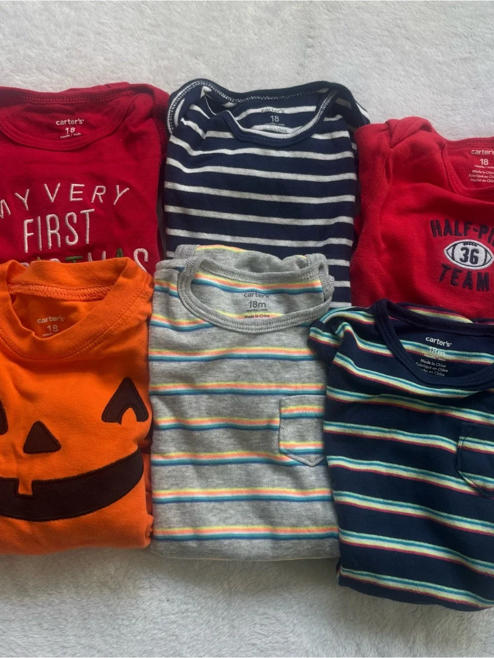 Carter's Baby Boy 18 Months bodysuit Lot of 6 Holidays, Striped, Jack-O'-Lantern